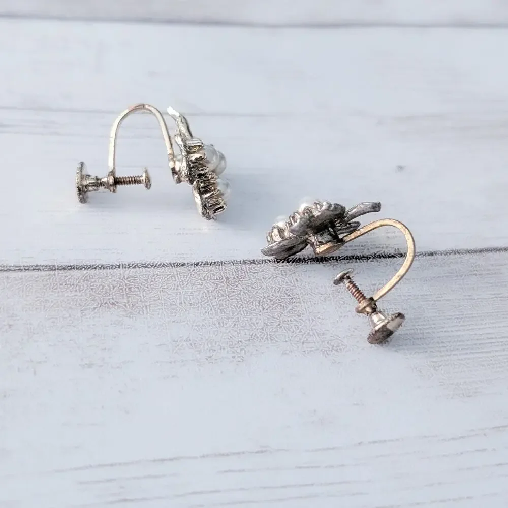 Vintage Vanco Screw On Earrings Shamrock with Faux Pearls